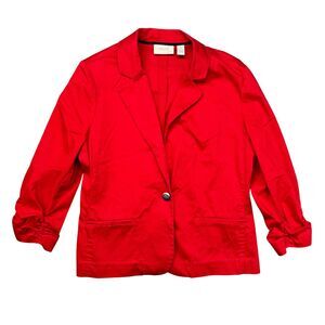 Chico's Blazer Jacket Women's 1 Medium Red Ruched Sleeves Career One Button Top